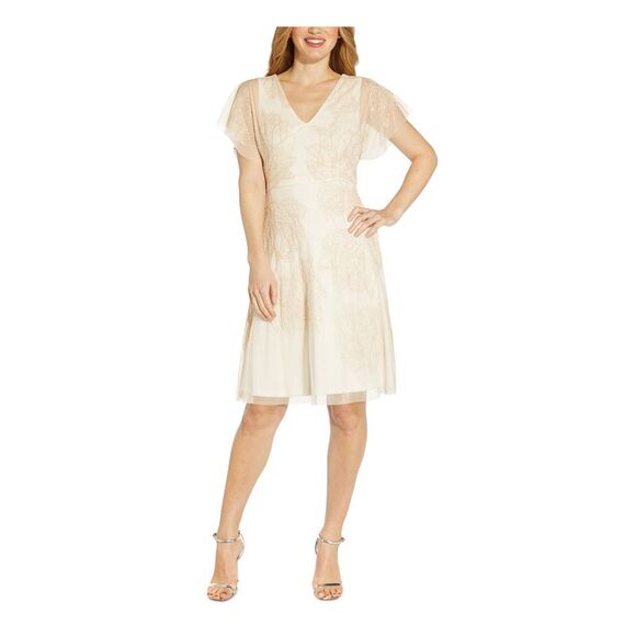 ADRIANNA PAPELL Dresses & Skirts - ADRIANNA PAPELL Womens Beige Lined V Back Flutter Sleeve Fit + Flare Dress 2